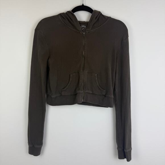 Urban Outfitters Womens Long Sleeve Full-Zip Rib Knit Brown Hooded Jacket Large - Picture 1 of 11